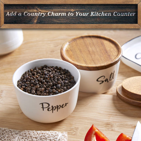 DAYYET Salt and Pepper Bowls, 10 oz Salt Cellar with Lid, Stacked Ceramic Salt Pepper Container with Acacia Wood Lid, Salt Box for Countertop, Modern Kitchen Decor, Set of 2, White DAYYET