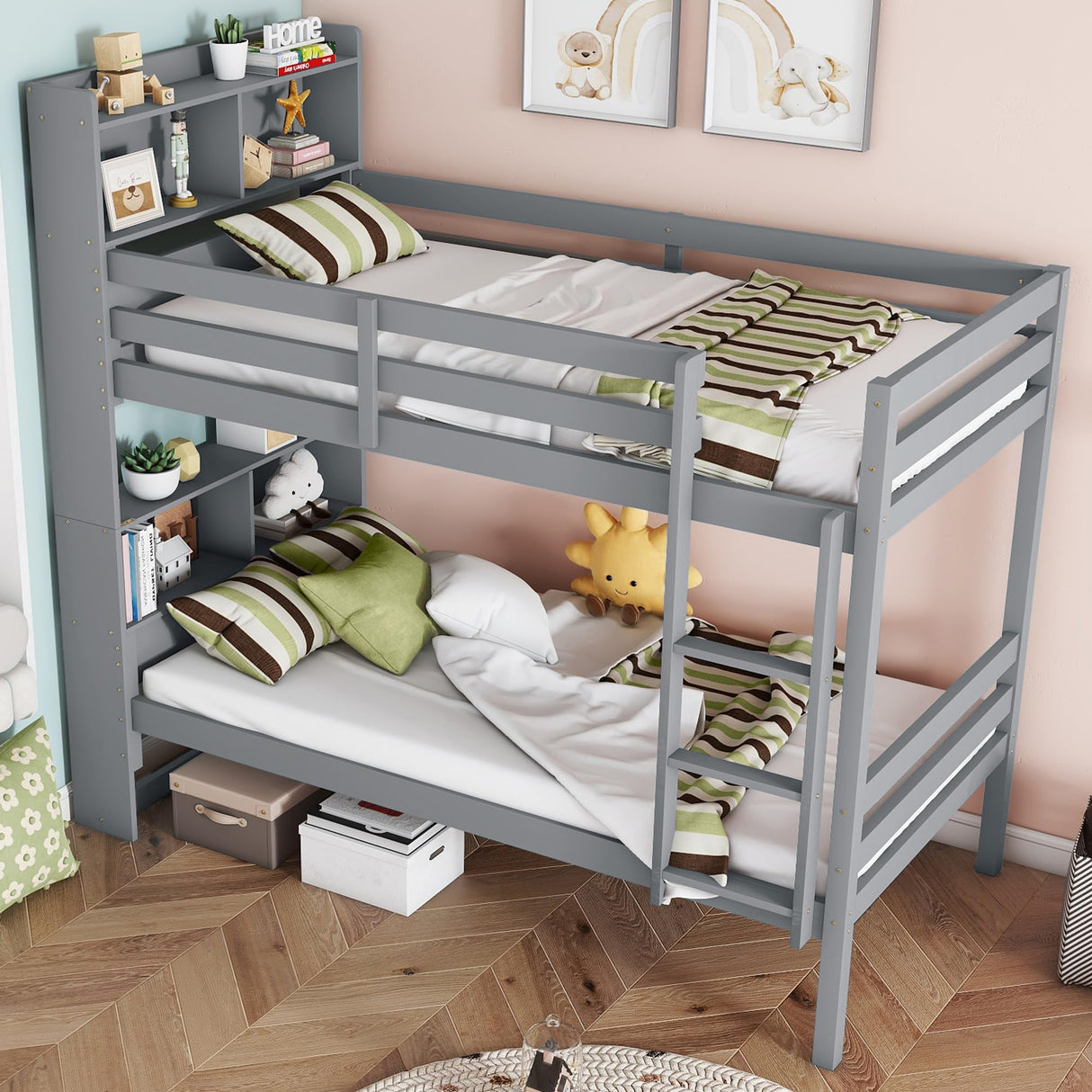 JIJIWANG Twin Over Twin Bunk Bed with Bookcase and Storage Solid Wood Bunk Beds Frame with Shelves, Convertible to 2 Beds, Grey JIJIWANG