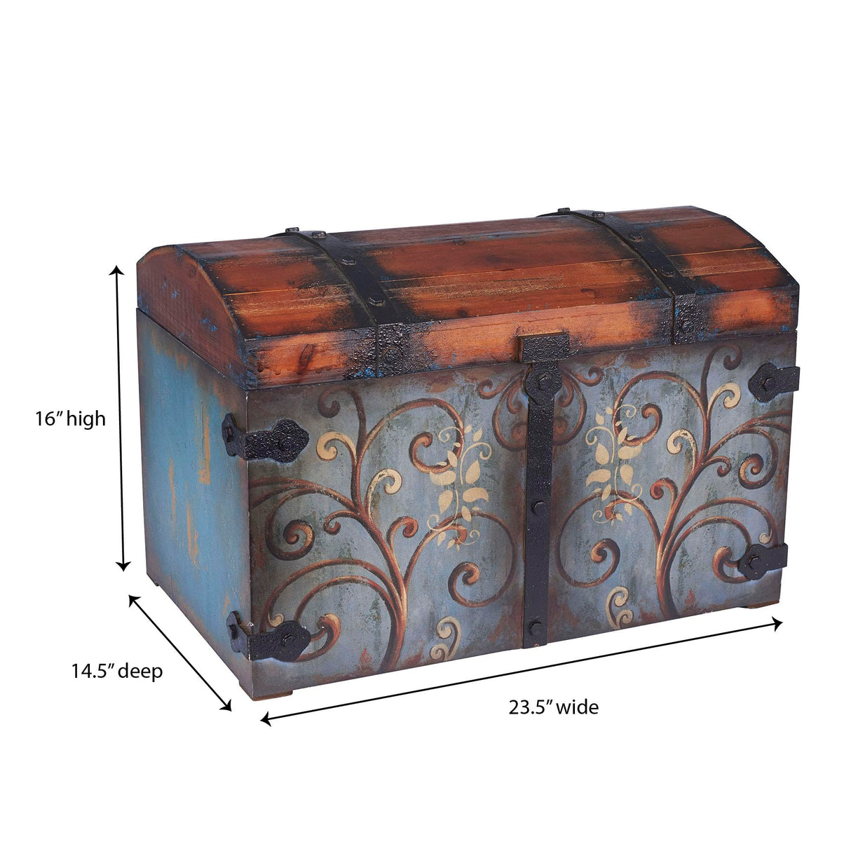 Household Essentials Vintage Wood Storage Trunk, Large, Blue Body/Brown Lid/Floral Design Household Essentials