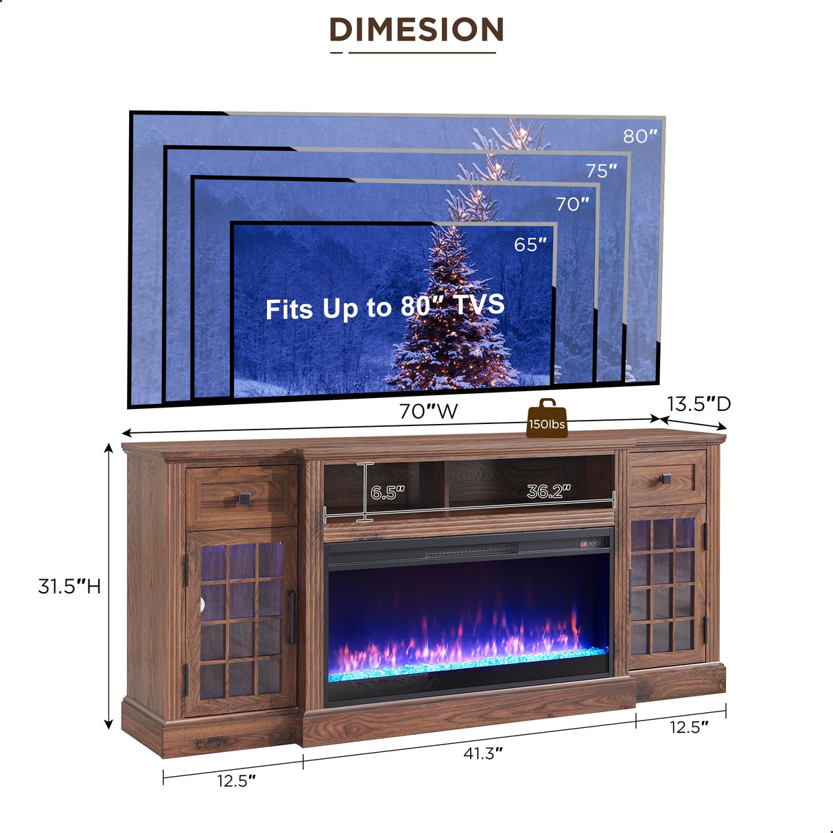 JXQTLINGMU Fireplace TV Stand for 80 Inch TV, Farmhouse Highboy Entertainment Center w/LED Lights & 36" Electric Fireplace, Large Media Console w/Glass Door Cabinet & Storage Drawer, Brown JXQTLINGMU