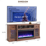 JXQTLINGMU Fireplace TV Stand for 80 Inch TV, Farmhouse Highboy Entertainment Center w/LED Lights & 36" Electric Fireplace, Large Media Console w/Glass Door Cabinet & Storage Drawer, Brown JXQTLINGMU