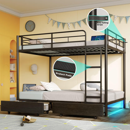 Rolanstar Metal Bunk Bed Full Over Full with USB Charging Station, LED Bunk Bed with 2 Storage Drawers, Bed with Safety Guardrail & Ladders, No Box Spring Needed, Easy Assembly, Black