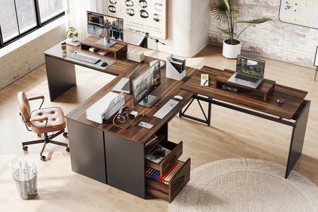 Bestier Lift Top L Shaped Desk with File Drawer, 55'' x 55'' Office Desk with Reversible Storage Drawers, L Shaped Standing Desk with Computer Monitor Stand (Walnut, 55'' x 55'') Bestier