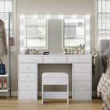 White Vanity Desk with Illuminated Mirror & Power Outlet, 11 Drawers Vanity Table with Chair, Makeup Vanity with 12 LED Lights, Tempered Glass Top, Dressing Table for Bedroom,Dressing Room CollaredEagle