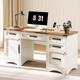 Decofy Farmhouse Executive Desk with Drawers, 55" Home Office Desks with Fast Charging Station, Lockable File Cabinet, Wood Writing Computer Desk for Work, Study, White Decofy