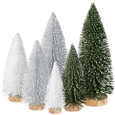 6pcs Mini Christmas Trees Christmas Decor, Artificial Christmas Mini Bottle Brush Trees Tabletop, Christmas Decoration Trees with 4 Size Xmas Holiday Decor (6pcs Green+Silver+White)