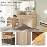 T4TREAM 48'' Fluted Makeup Vanity Desk with HD Triple Mirror and Lights, Large Lighted Corner Vanity with Glass Top, Modern Dressing Table with 3 Drawers & 2 Cabinets for Bedroom, Natural Oak T4TREAM