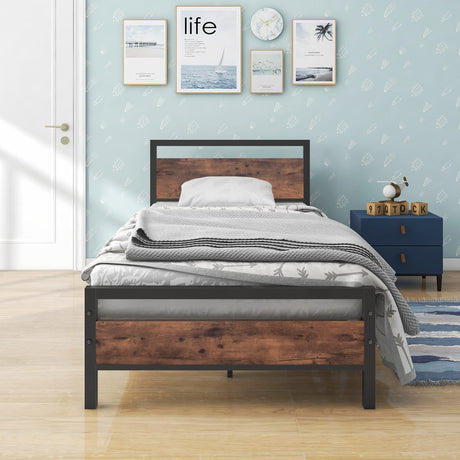 BOFENG Twin Size Bed Frame with Vintage Wood Headboard Farmhouse Bed,Heavy Duty Metal Platform Bed Frames No Box Spring Needed,Firm Mattress Foundation Steel Slat Support Easy Assembly(Brown) BOFENG