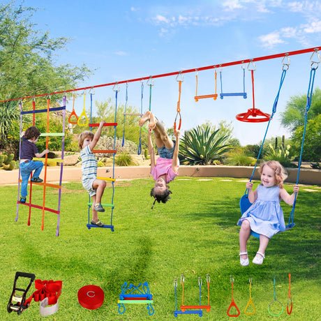50ft Ninja Warrior Obstacle Course for Kids with Swing, Ninja Course for Kids Outside with 11 Accessories--Trapeze Swing, Climbing Net, Rope Ladder, Outdoor Playset with Monkey Bars ITEFDTUTNE