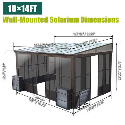 Domi 10x14FT Wall Mounted Sunroom, Wall Solarium with Aluminum PC Sloping Roof, Detachable PC Screen House, Lockable Sliding Front and Side Doors, Outdoor Lean-to Gazebo, Sun Room for Deck Patio