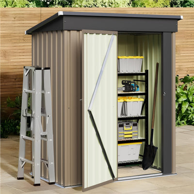 JUMMICO Metal Outdoor Storage Shed 5 x 3 FT Metal Shed with Lockable Door,Waterproof Garden Tool Shed Storage House for Backyard Patio Lawn, Brown