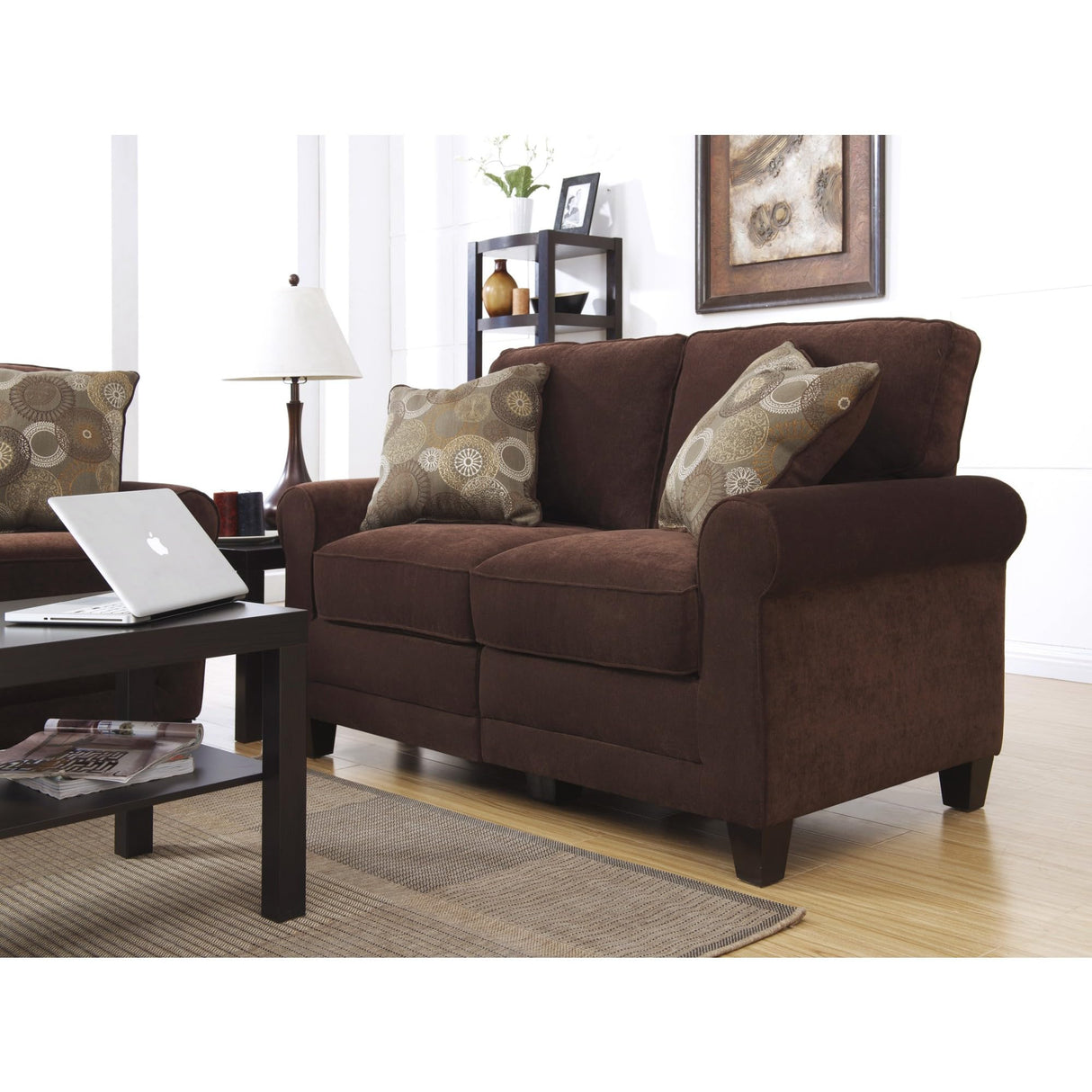 Serta Copenhagen Rolled Arm Sofa, Easy Care Polyester, Soft Pillow Back, Pocket Coil Seat Cushions, Removable Covers, Couch for Small Spaces, Living Rooms or Bedrooms, 61" Loveseat, Brown Serta