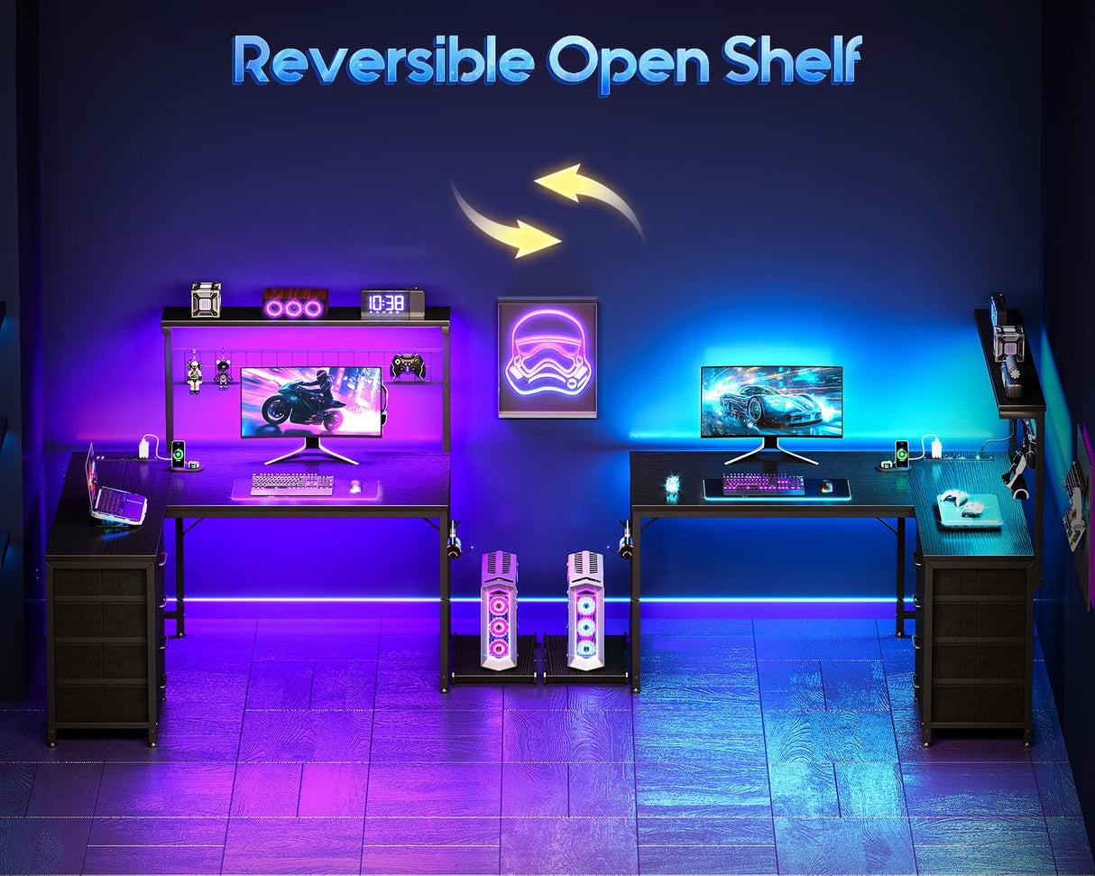 MOTPK L Shaped Gaming Desk with Shelf & 4 Drawers, 43" Reversible Computer Desk with LED Light, Home Office Table with Hutch and Hook, Black MOTPK