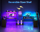 MOTPK L Shaped Gaming Desk with Shelf & 4 Drawers, 43" Reversible Computer Desk with LED Light, Home Office Table with Hutch and Hook, Black MOTPK