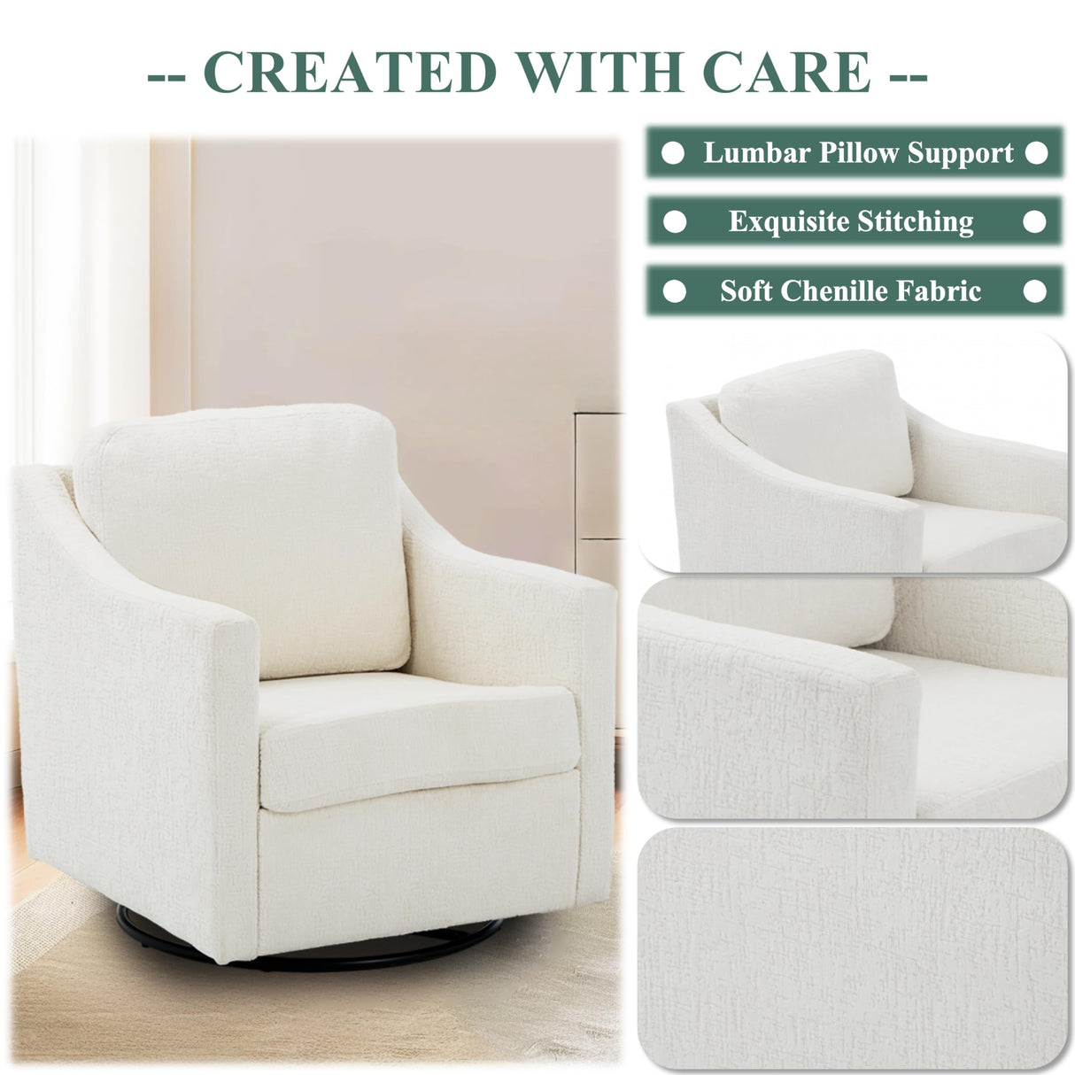 COLAMY Swivel Accent Chair, 360° Rotation Chenille Fabric Upholstered Leisure Armchair with Lumbar Pillow for Living Room Bedroom Home and Office, Beige COLAMY