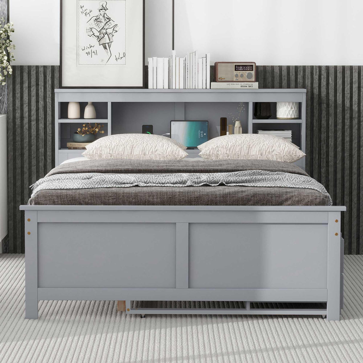Full Size Platform Bed with Storage Headboard, Full Size Platform Bed with Twin Size Trundle and 3 Drawers&USB, Solid Wood Bed Frame with Storage for Kids,No Box Spring Needed. (Gray) Bellemave