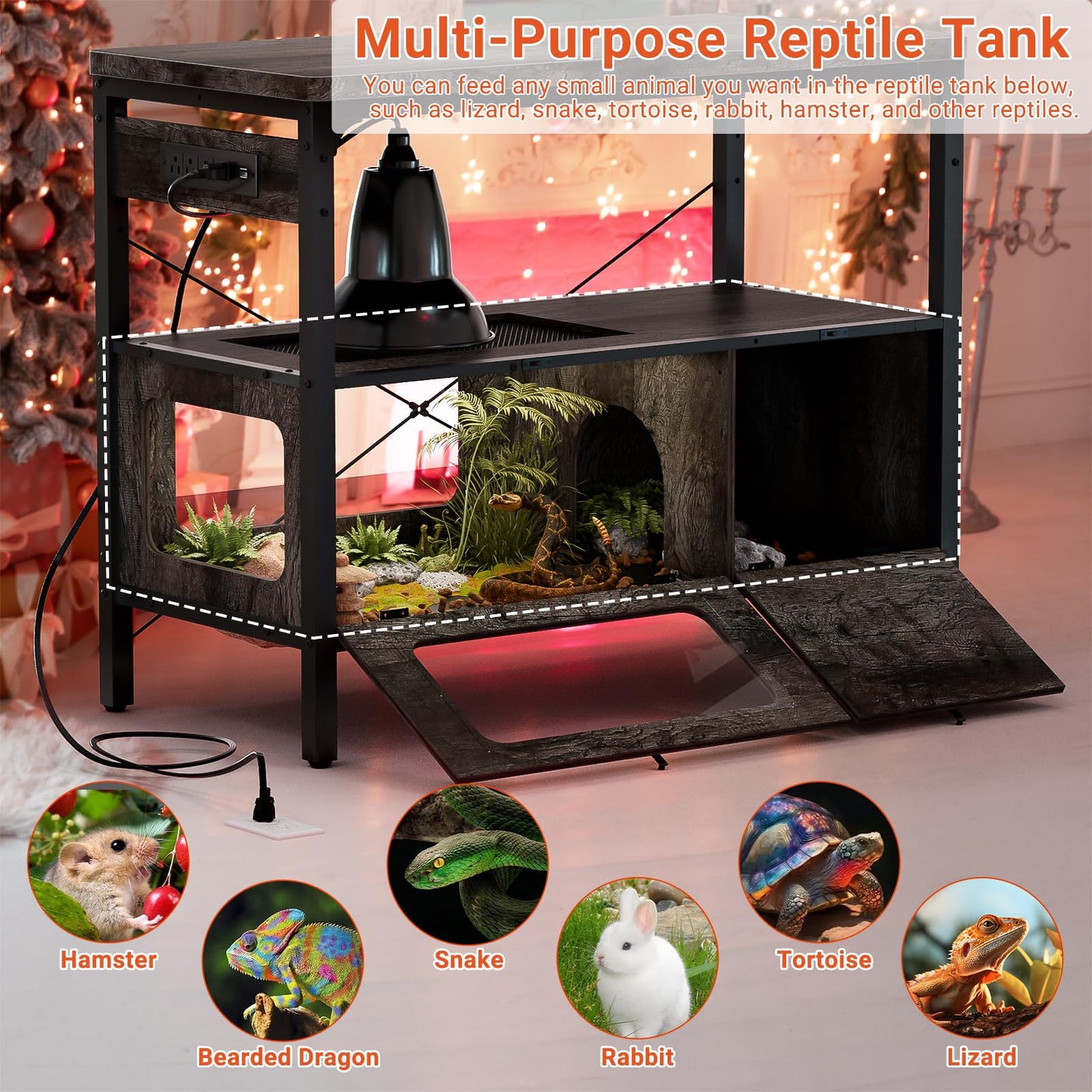 Hyomdeck 40 Gallon Fish Tank Stand with Outlet & LED Light, 39.37‘’ Aquarium Stand with Reptile Tank, Tortoise Habitat with Anti Escape Door and Acrylic Glass, Snake Tank with Ventilation Mesh, Oak