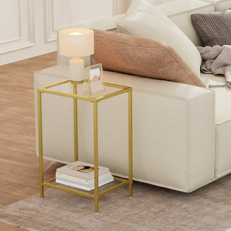 HOMSHO Side Tables Set of 2, End Tables with Tempered Glass, 2-Tier Nightstands with Storage Shelves, Coffee Table with Modern Style, Slim Sofa Table for Living Room, Bedroom, 11.8" D x 15" W, Golden HOMSHO