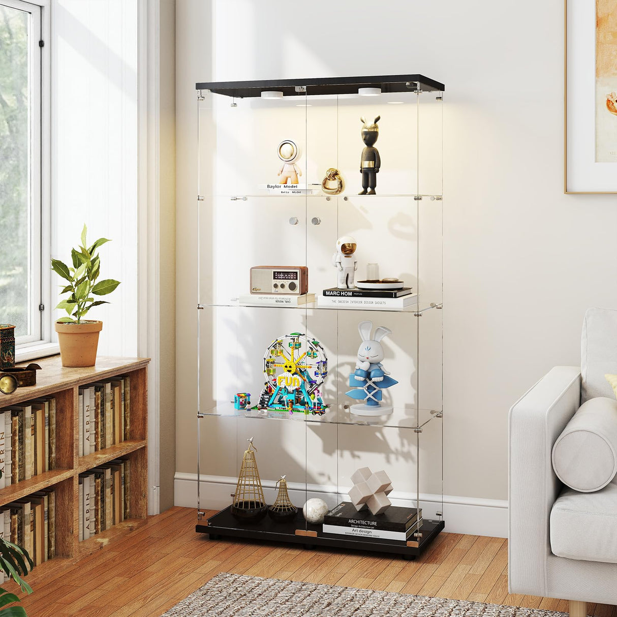 Zevemomo Tempered Glass Display Cabinet with Lights, 4-Tier Curio Cabinet with Glass Doors and Lock, Glass Display Case for Collectibles, for Living Room, Bedroom, Office, Black, Double Door Zevemomo