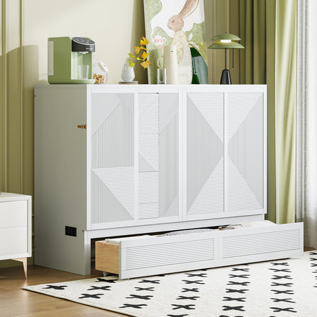 HABITRIO Full Size Murphy Bed, Wood Full Murphy Bed Frame with Large Drawer, USB Ports and Outlets, White HABITRIO