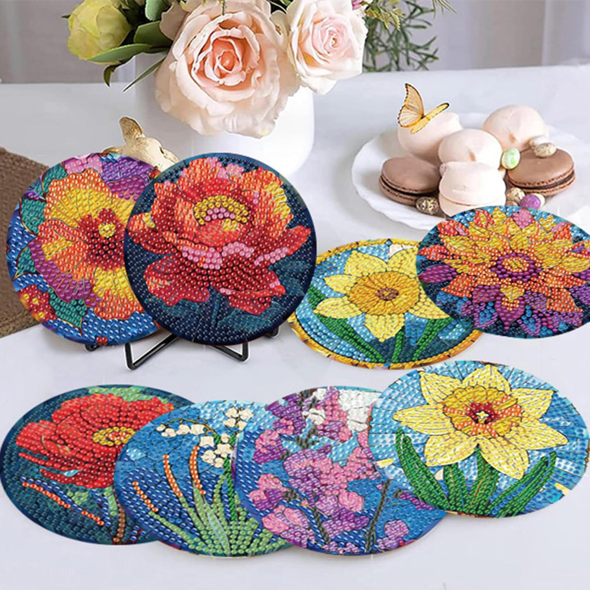 Zythron 8 PCS Diamond Art Coasters,Flowers Diamond Painting Coasters Kits Flower DIY with Holder DIY for Beginners, Adults, Diamond Art Kits for Adults Diamonds Art Crafts Supplies 4x4 in Zythron