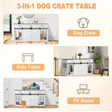 RQZ 65" Double Dog Crate Furniture for 2 Dogs Heavy Duty Wood Dog Cage Table with 3 Storage Drawers and 4 Stainless Steel Bowls Dog Kennel Indoor for Medium Large Dogs RQZ