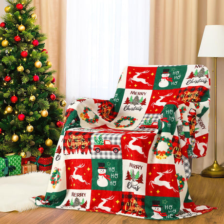 Jansun Christmas Throw Blanket, Snowman Tree Christmas Plaid Throw Blanket for Women Men Soft Couch Living Room Bed Blanket for Girls Boys, Red and Green Checkered Blanket for Christmas Jansun