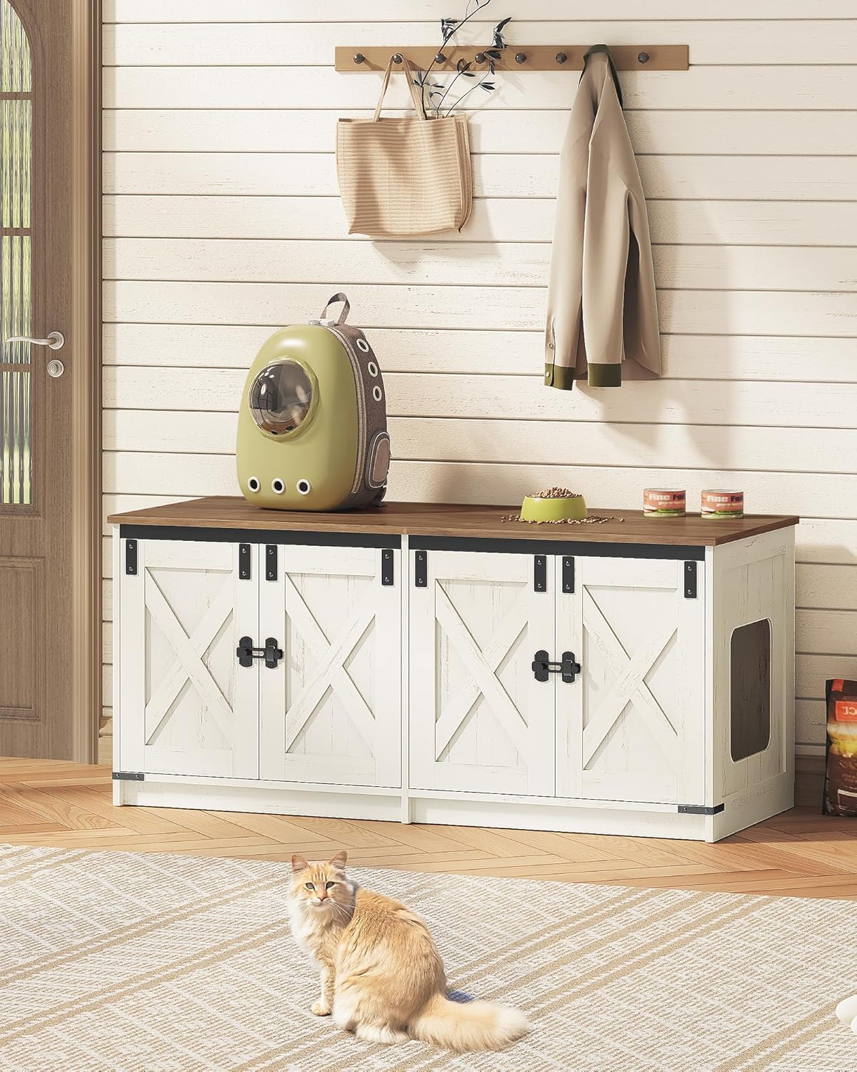 Hzuaneri Cat Litter Box Enclosure for 2 Cats, Hidden Litter Box Furniture Cabinet with Double Room, Indoor Cat House, Farmhouse Style, 46.7 x 18.9 x 21.1 Inches, Rustic Brown and White CB85314X Hzuaneri