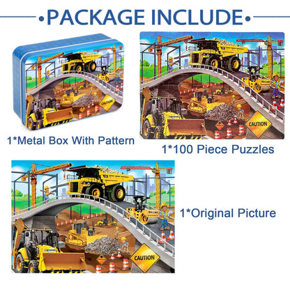 LELEMON Puzzles for Kids Ages 4-8,Construction Site 100 Piece Puzzles for Kids,Educational Kids Puzzles Jigsaw Puzzles in a Metal Box,Children 100 Piece Puzzle Games Puzzle Toys for Girls and Boys