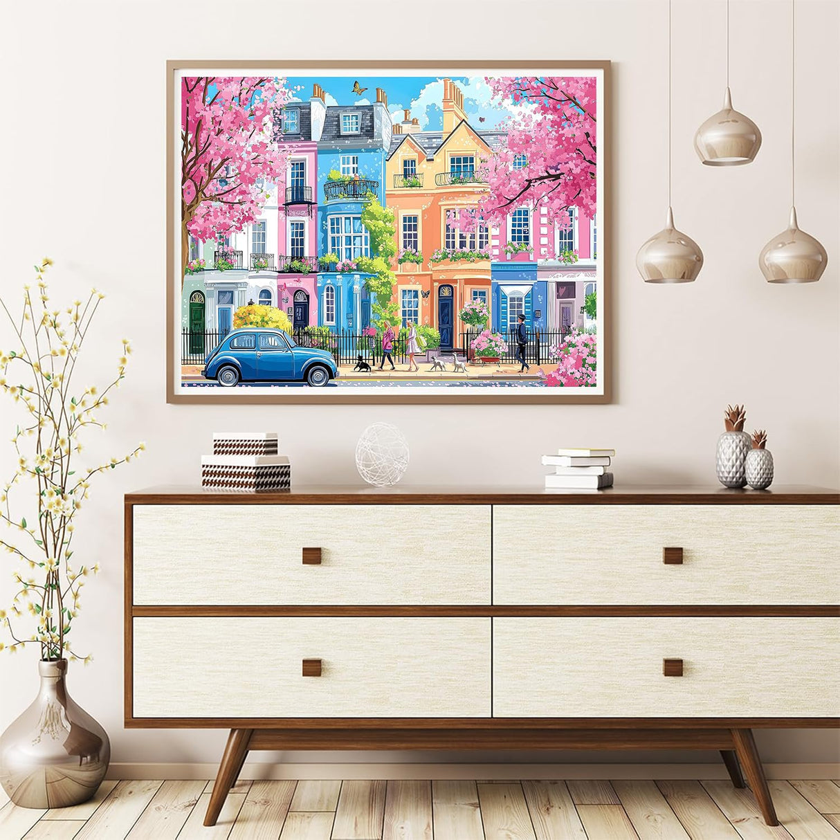 Accompany Wind 5D Diamond Painting Kits for Adults, Sakura Blossom Street Diamond Art Kits for Beginner, DIY Round Full Drill Dots Gem Art Kits for Home Wall Decor 16 x 12 Inch Accompany Wind
