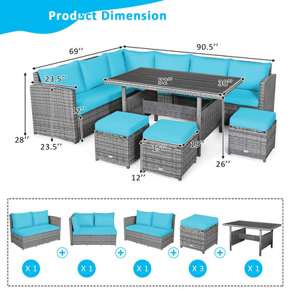 Tangkula 7 Pieces Patio Furniture Set, Outdoor Sectional Rattan Sofa Set with Cushions, All Weather Wicker Conversation Couch Set w/Dining Table & Ottomans for Backyard Garden Poolside (Turqu - WoodArtSupply