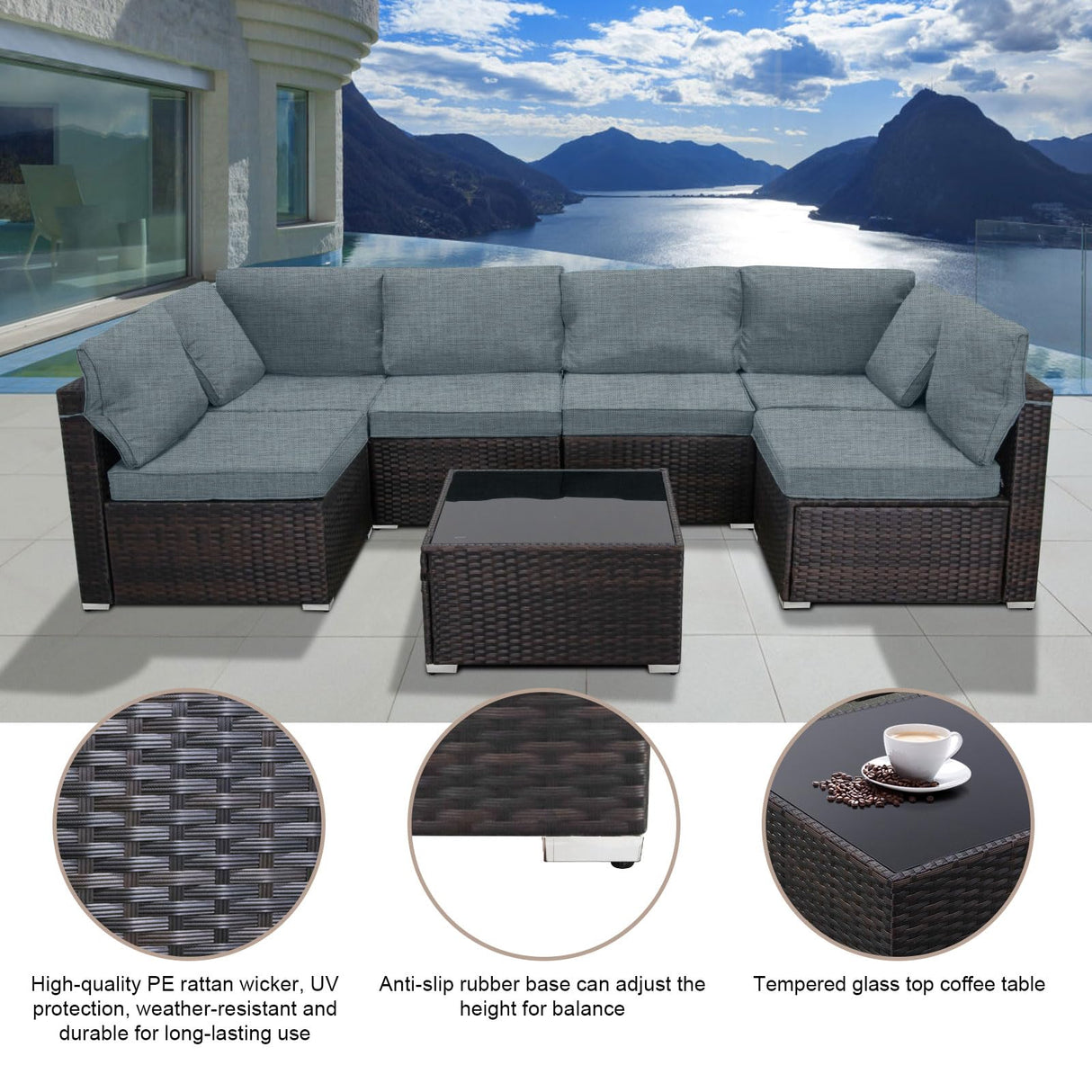 LAFWELL 7 Pieces Outdoor Patio Furniture Sets,Rattan Conversation Sectional Set,Manual Weaving Wicker Patio Sofa with Tea Table LAFWELL