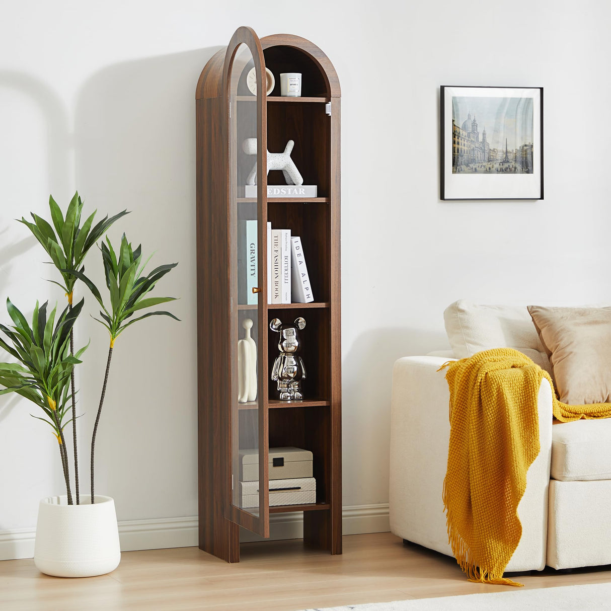 YUCHIATH 66.93" H Arched Bookcase, 5-Tier Arched Cabinet Bookcase with Adjustable Shelves, Accent Display Cabinet with Glass Door for Living Room, Reading Room and Bedroom (Walnut) YUCHIATH