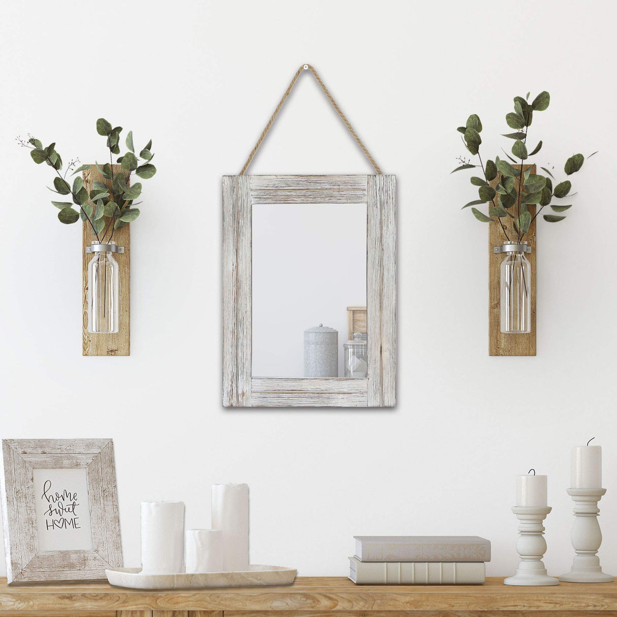 Emaison 16 X 12 Inch Rustic Wood Framed Wall Mirror with Hanging Rope for Farmhouse Decor, for Entryway, Bedroom, Bathroom, Dresser, Wash White EMAISON