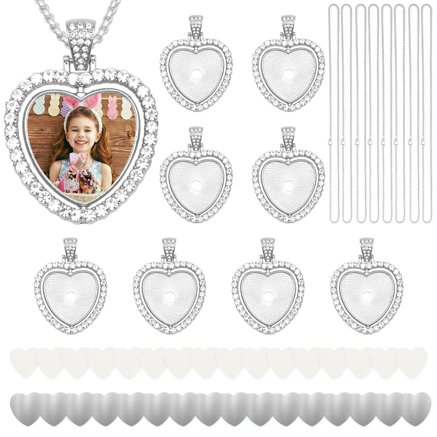 ZYNERY 48 Pcs Sublimation Rhinestone Trays Pendant Set, Sublimation Necklace Blank with Chain, Includes 8 Double Sided Blank Rhinestone Bezel Trays, 8 Chains, 16 Sublimation Discs, 16 Tapes (Heart)