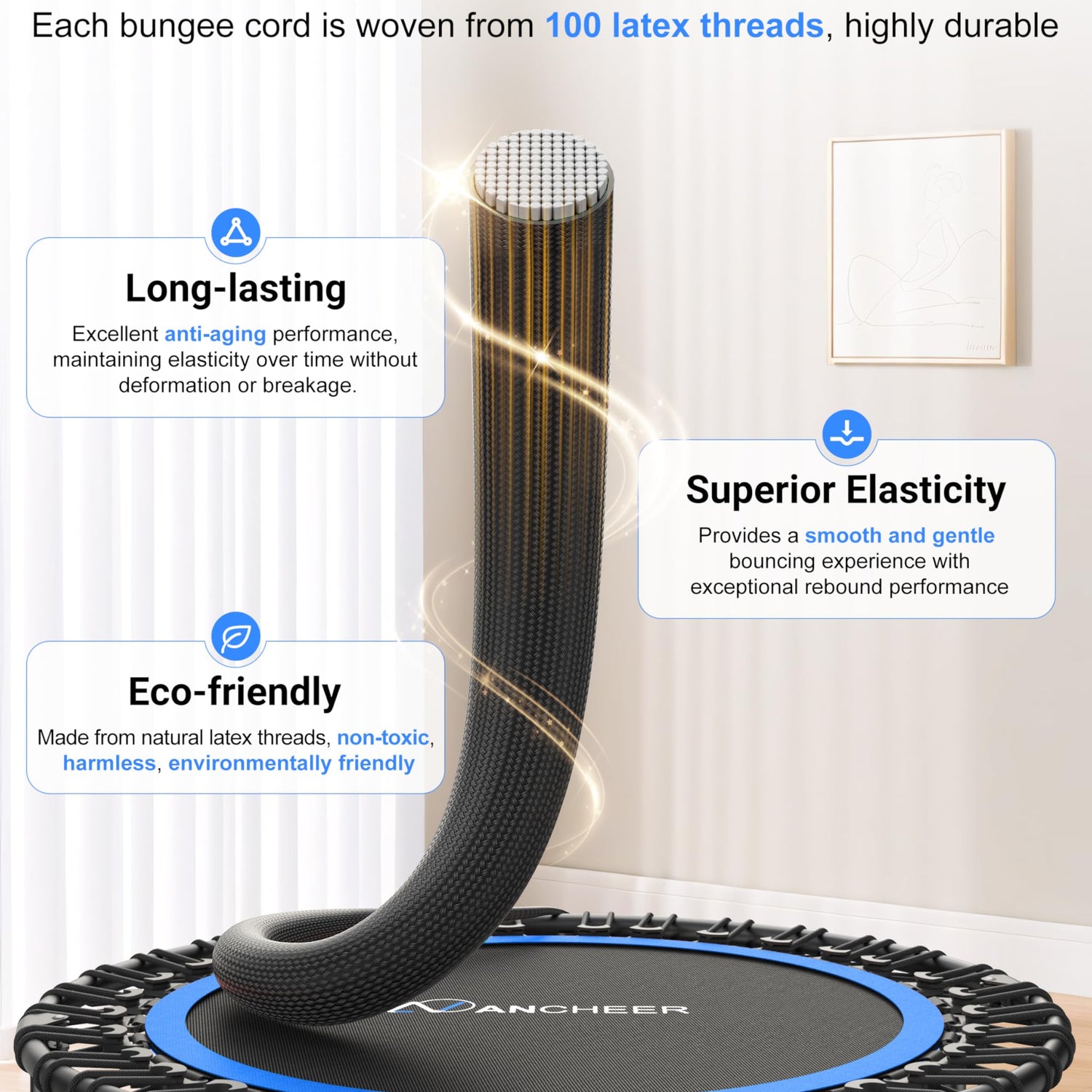 ANCHEER 40" Foldable Rebounder Trampoline for Adults/Kids with Resistance Bands and Bungees, Fitness Home, Indoor & Outdoor Mini Trampoline with Bar and Safety Padding - Max Load 330lbs (Blue) ANCHEER