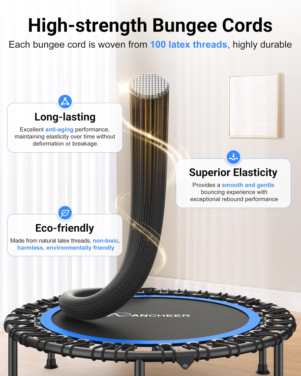 ANCHEER 40" Foldable Rebounder Trampoline for Adults/Kids with Resistance Bands and Bungees, Fitness Home, Indoor & Outdoor Mini Trampoline with Bar and Safety Padding - Max Load 330lbs (Blue) ANCHEER