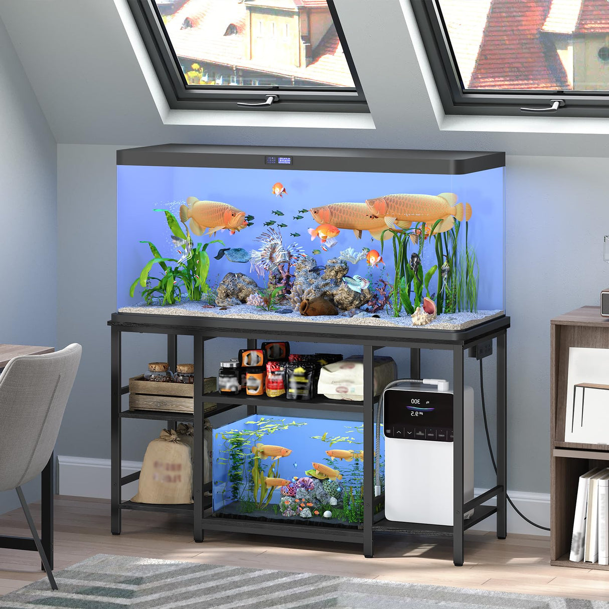 MAHANCRIS 55-75 Gallon Fish Tank Stand with Power Outlet, 3-Tier Metal Frame Aquarium Stand, Heavy Duty Reptile Terrarium Tank Stand, 52.0" L x 19.7" W x 29.9" H, 800 LBS Capacity, Black FTBK55E01 MAHANCRIS