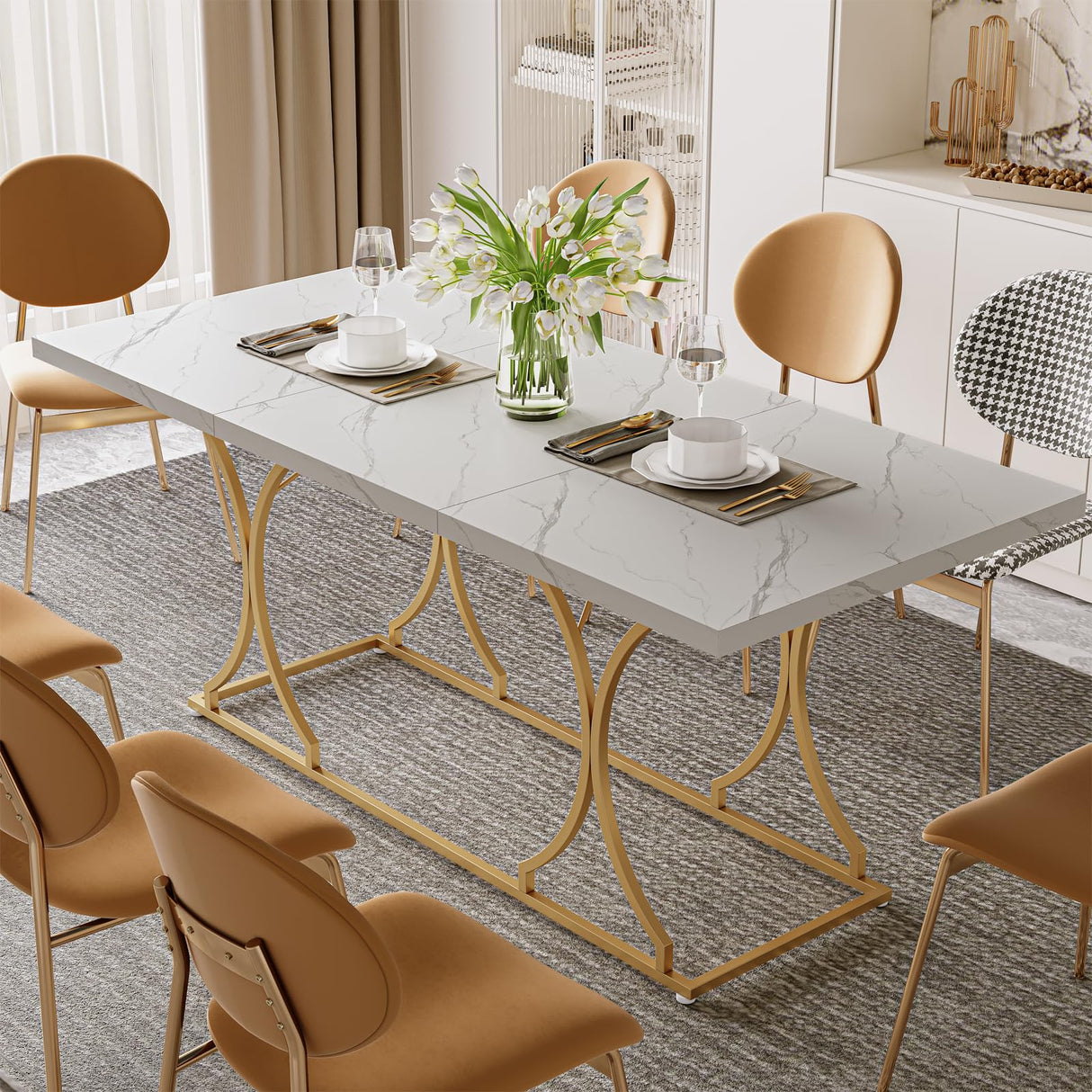 ONBRILL 71 Inch Dining Table for 6-8 People, Modern Rectangle Kitchen Table, White Dinner Table with Gold Metel Frame for Kitchen, Office, Living Room and Dining Room ONBRILL