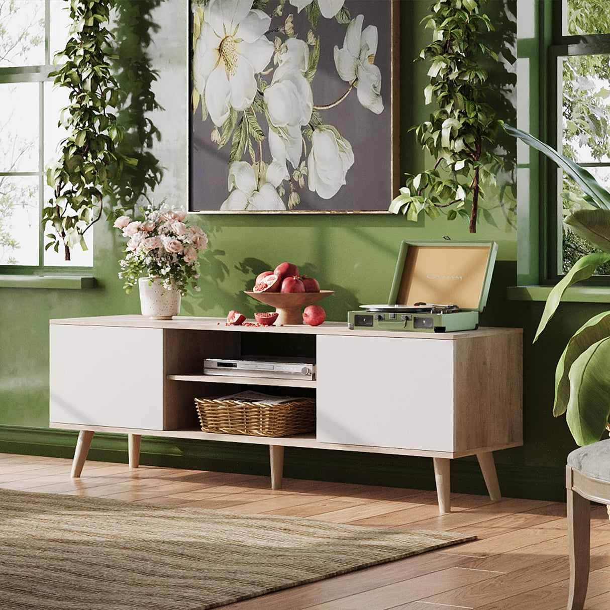 WLIVE TV Stand for 55 60 inch TV, Boho Entertainment Center with Storage Cabinets, TV Console for Living Room Decor, Greige White WLIVE