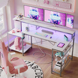 Bestier White Gaming Desk with Power Outlet, 71.5 LED Computer Desk with Monitor Stand, Large L Shaped Desk with Adjustable Shelf, Cup Holder & Headset Hooks, Corner Study Desk for Bedroom Bestier