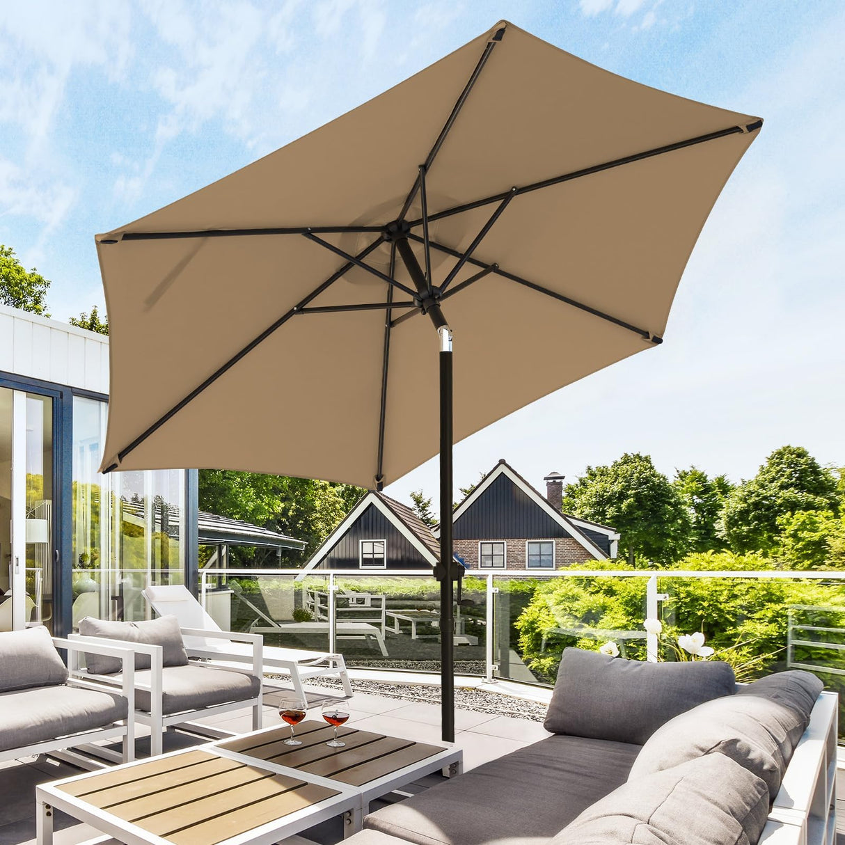 wikiwiki 7.5 FT Patio Umbrellas Outdoor Table Market Umbrella with Push Button Tilt/Crank, 6 Sturdy Ribs, Fade Resistant Waterproof POLYESTER DTY Canopy for Garden, Lawn, Deck, Backyard & Pool, Tan wikiwiki