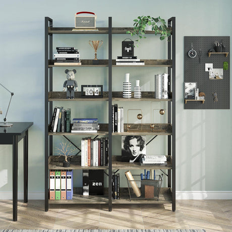 Seventable 6-Tier Industrial Wood and Metal Bookshelf with 4 Hooks – Rustic Grey Display Rack Seventable