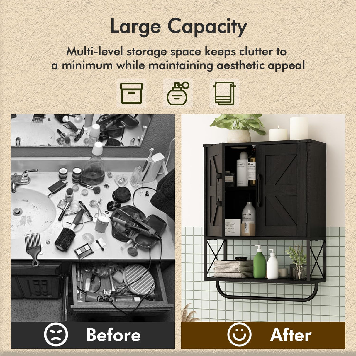 RUSTOWN Farmhouse Medicine Cabinet with 2 Barn Door, Wood Wall Mounted Storage Cabinet with Adjustable Shelf and Towel Bar, 3-Tier Bathroom Cabinet for Bathroom, Living Room(Black, Medium) RUSTOWN