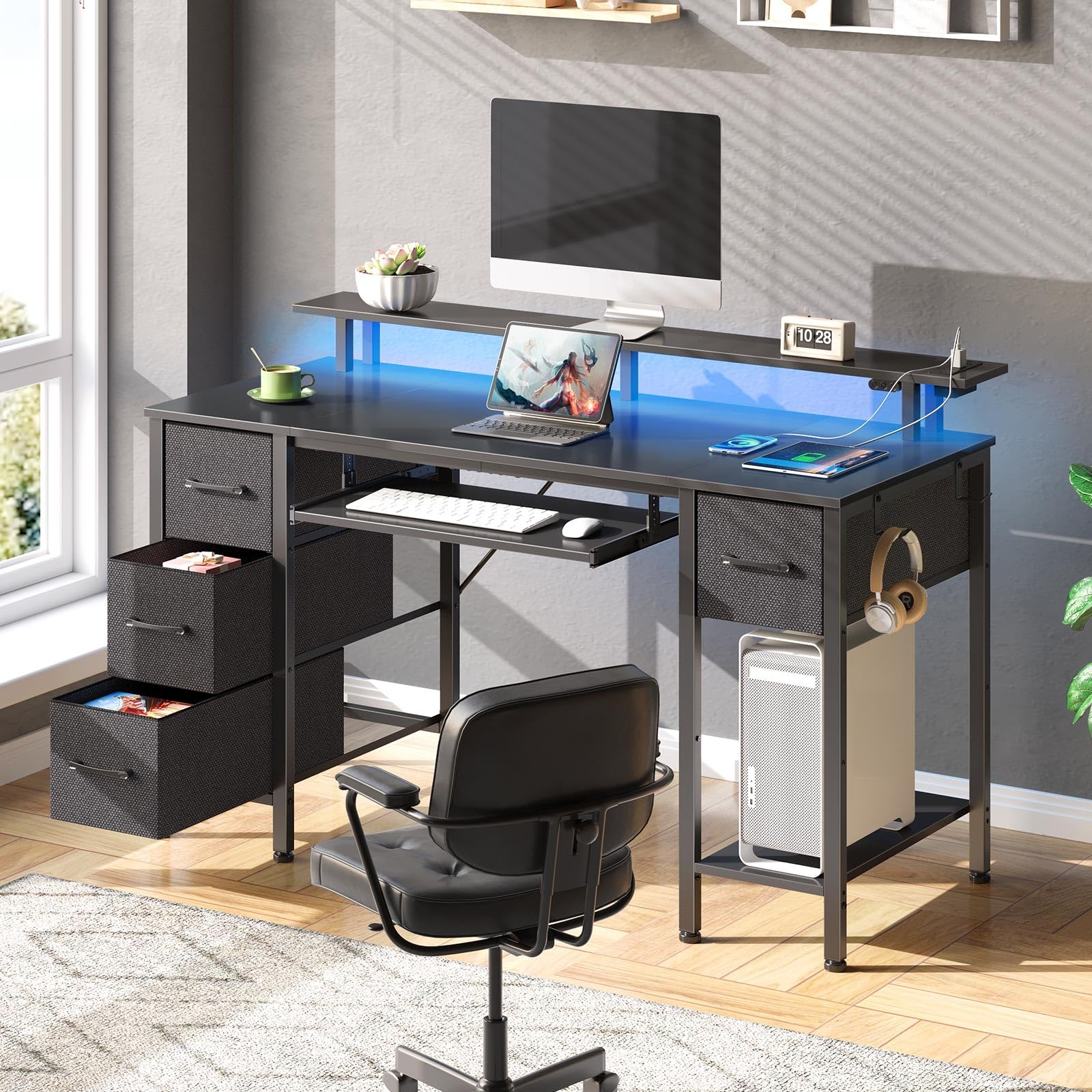 Seventable Computer Desk 55.1" with LED Lights & Power Outlets, Home Office Desk with 4 Drawers, Writing Desk with Keyboard Tray, Study Desk with Monitor Stand, Work Desk for Home Office, Bla - WoodArtSupply