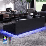 High Gloss Lift Top Table with Led Lights, Led Coffee Table with Storage Shelf and Hidden Compartment for Home Living Room Reception Room Office, Black St.Mandyu