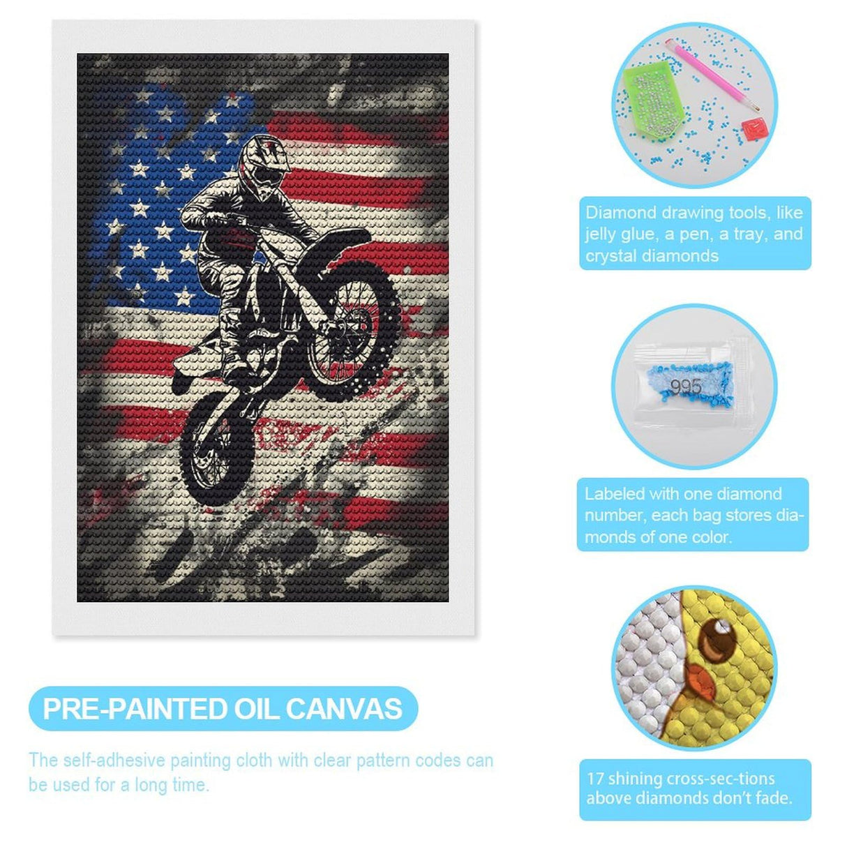 QUOPLMAM Dirt Bike Motocross USA Flag Diamond Art Painting Art Kits Diamond Art Painting Diamond Art Kits 5D Diamond Art Painting Kits DIY Diamond Art for Home Wall Decor 8"x12" QUOPLMAM