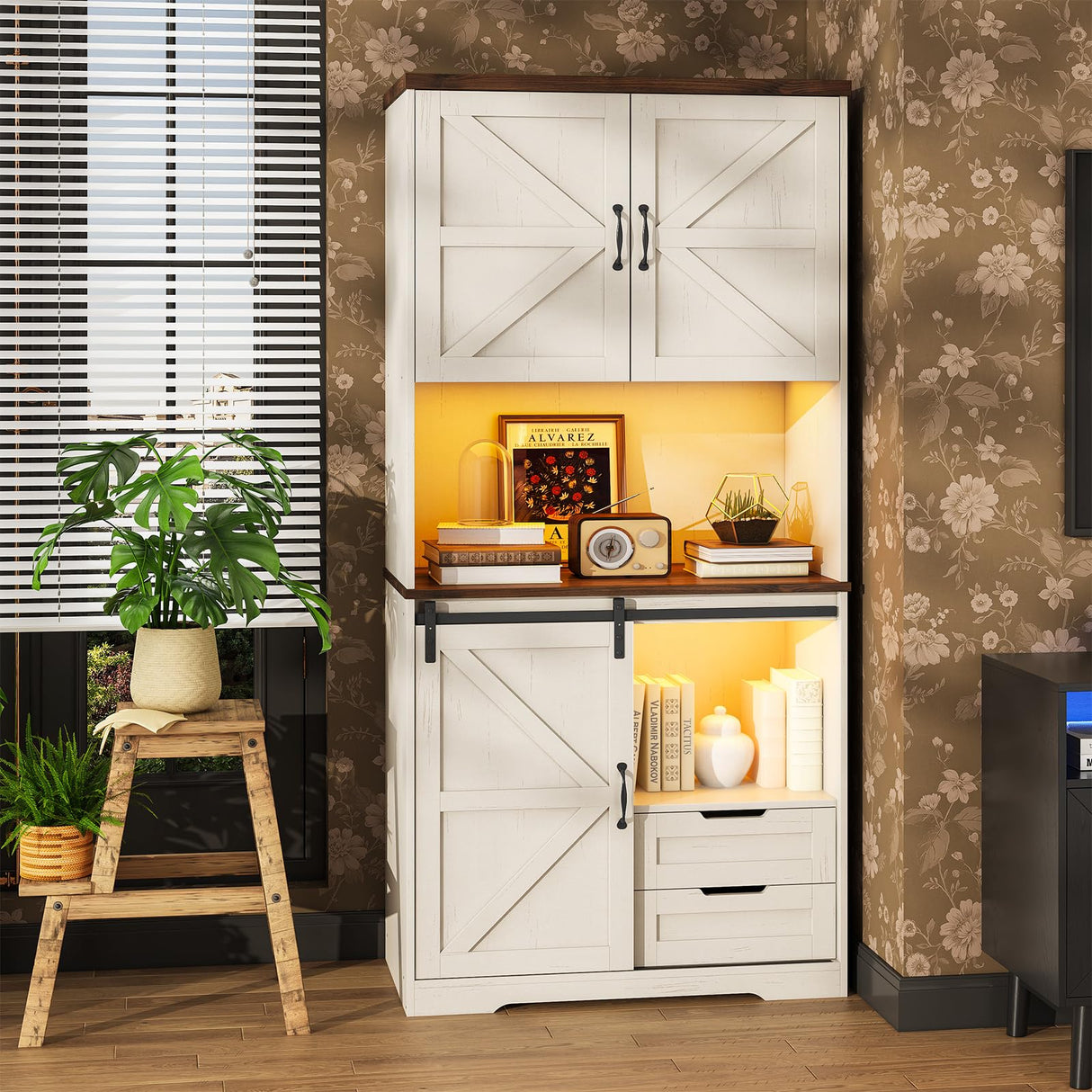 UPOSOJA Farmhouse Kitchen Pantry Storage Cabinet with Drawers & Shelves, Freestanding Hutch and Adjustable Shelves, Versatile Storage for Kitchen, Dining Room, Living Room (Old White) UPOSOJA