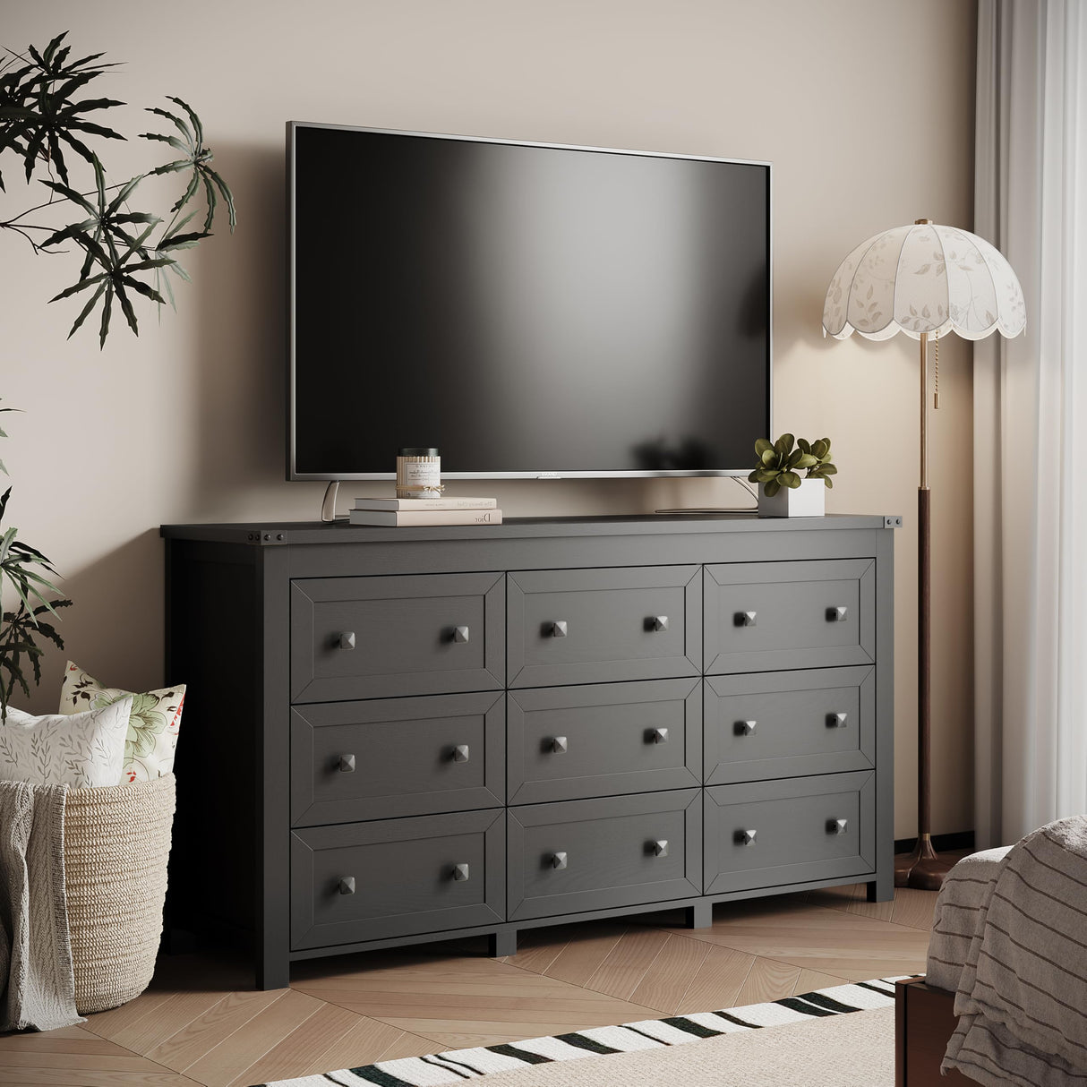 Dresser for Bedroom with 9 Drawers, Farmhouse Wood Chest of Drawers, Wide TV Stand Closet Storage Furniture with Metal Handle, Modern Clothes Organizer for Hallway, Living Room, Entryway, Black Xixini