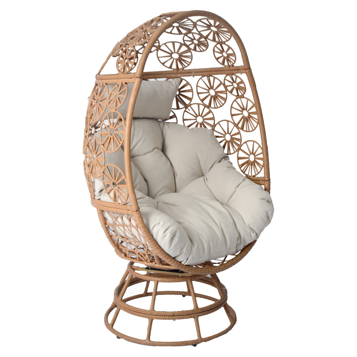Merax Outdoor Patio Wicker Swivel Egg Chair with Beige Cushion, Outdoor Rattan Basket Egg Chair for Garden, Lawn, Bedroom, Brown+Beige Merax